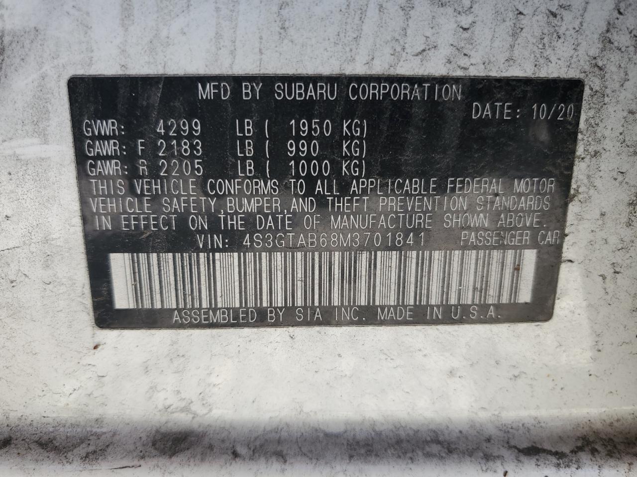 2021 Subaru Impreza VIN: 4S3GTAB68M3701841 Lot: 65677855