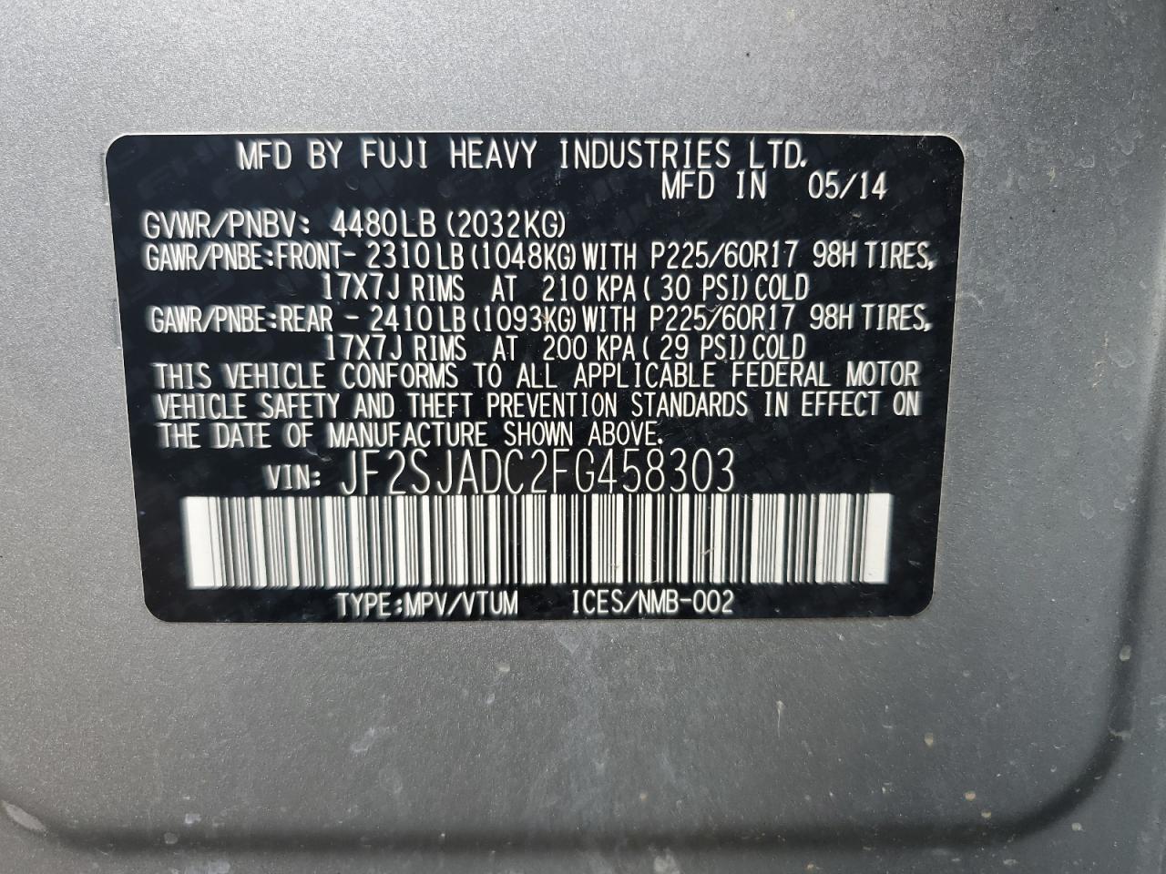 2015 Subaru Forester 2.5I Premium VIN: JF2SJADC2FG458303 Lot: 68898455