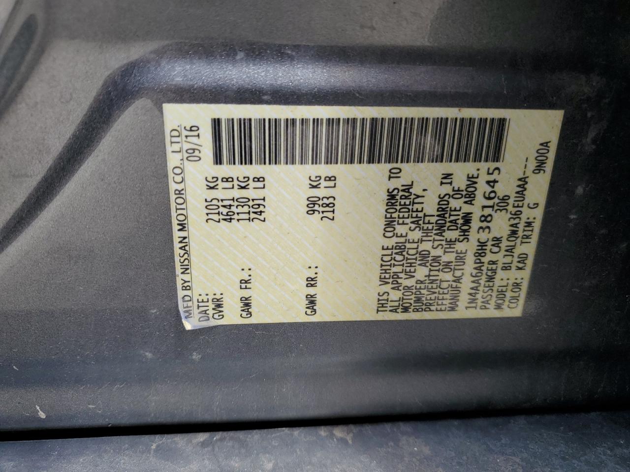 2017 Nissan Maxima 3.5S VIN: 1N4AA6AP8HC381645 Lot: 70267625