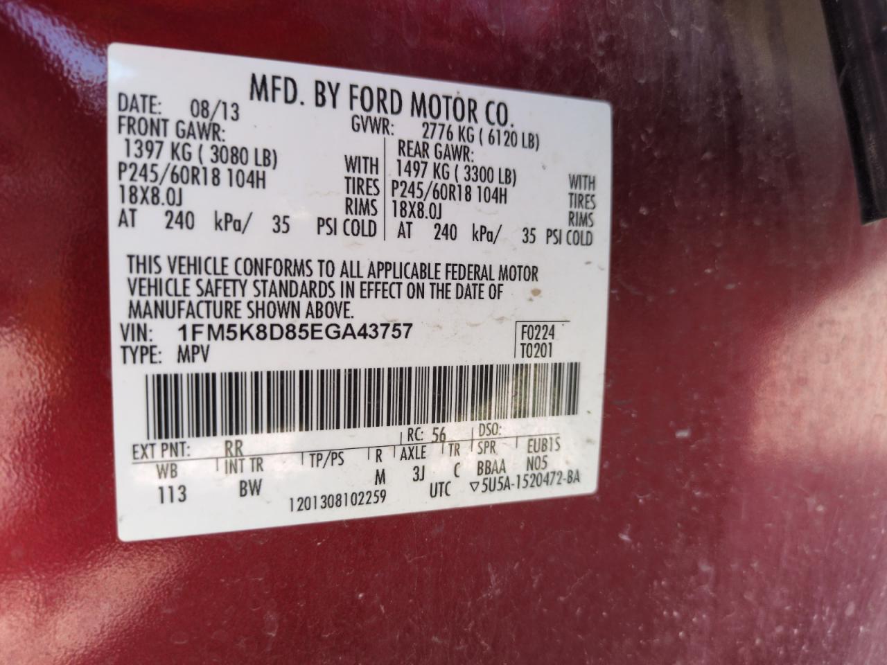 2014 Ford Explorer Xlt VIN: 1FM5K8D85EGA43757 Lot: 69682725