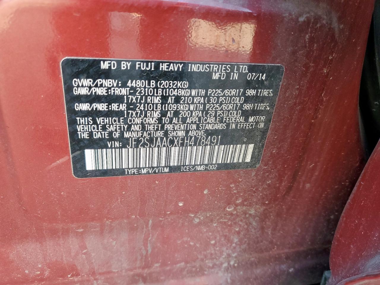 2015 Subaru Forester 2.5I VIN: JF2SJAACXFH478491 Lot: 69670925