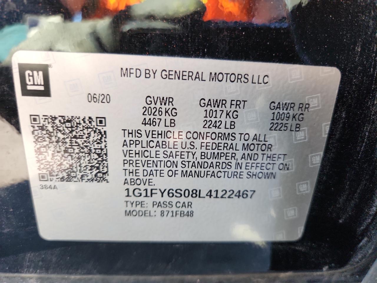 2020 Chevrolet Bolt Ev Lt VIN: 1G1FY6S08L4122467 Lot: 69450385