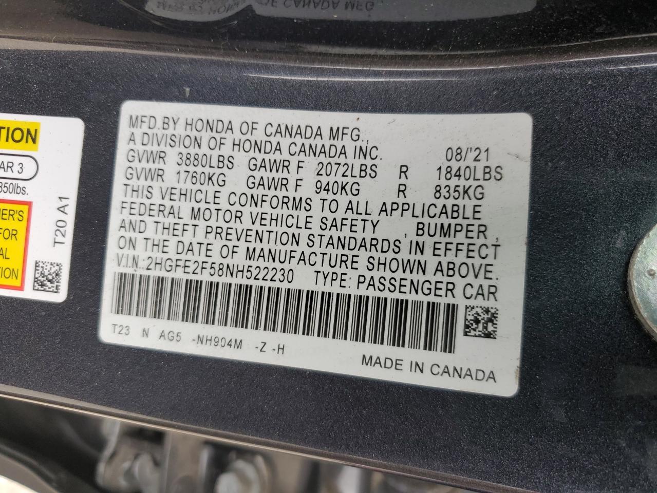 2022 Honda Civic Sport VIN: 2HGFE2F58NH522230 Lot: 70226765