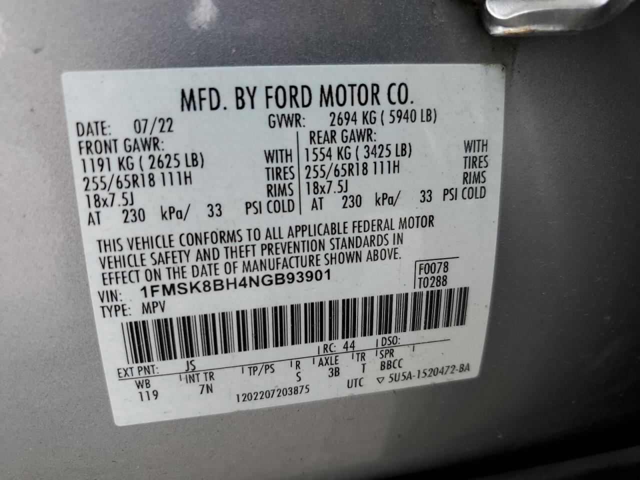 2022 Ford Explorer VIN: 1FMSK8BH4NGB93901 Lot: 68334485