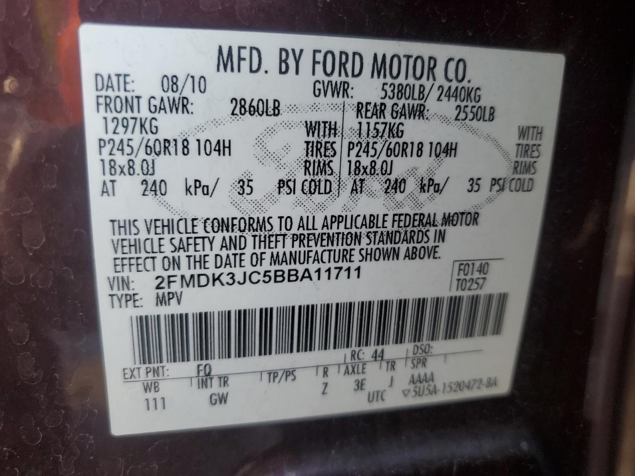 2011 Ford Edge Sel VIN: 2FMDK3JC5BBA11711 Lot: 68492525