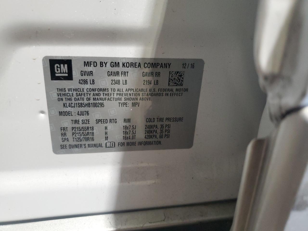 2017 Buick Encore Sport Touring VIN: KL4CJ1SB5HB100295 Lot: 70560805