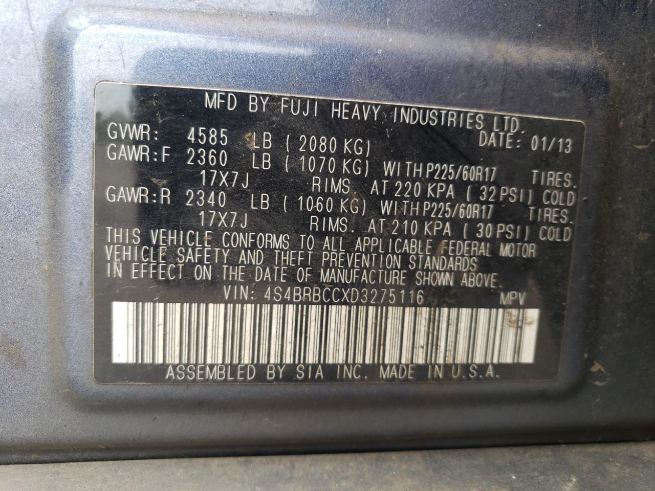 2013 Subaru Outback 2.5I Premium VIN: 4S4BRBCCXD3275116 Lot: 69104615