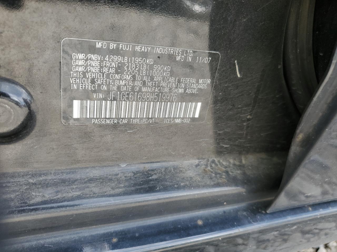 2008 Subaru Impreza 2.5I VIN: JF1GE61698H519976 Lot: 69985385