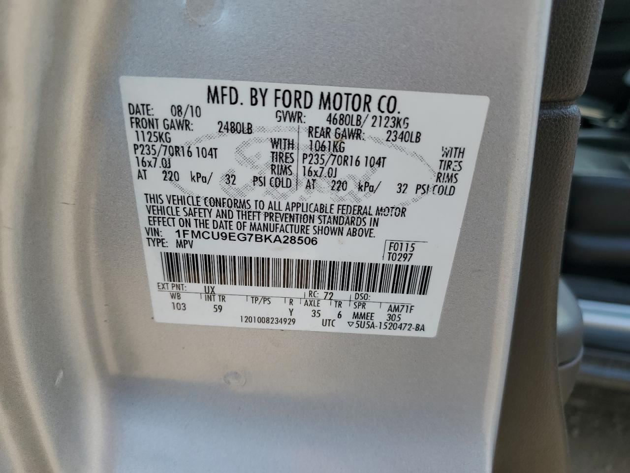 2011 Ford Escape Limited VIN: 1FMCU9EG7BKA28506 Lot: 67852885