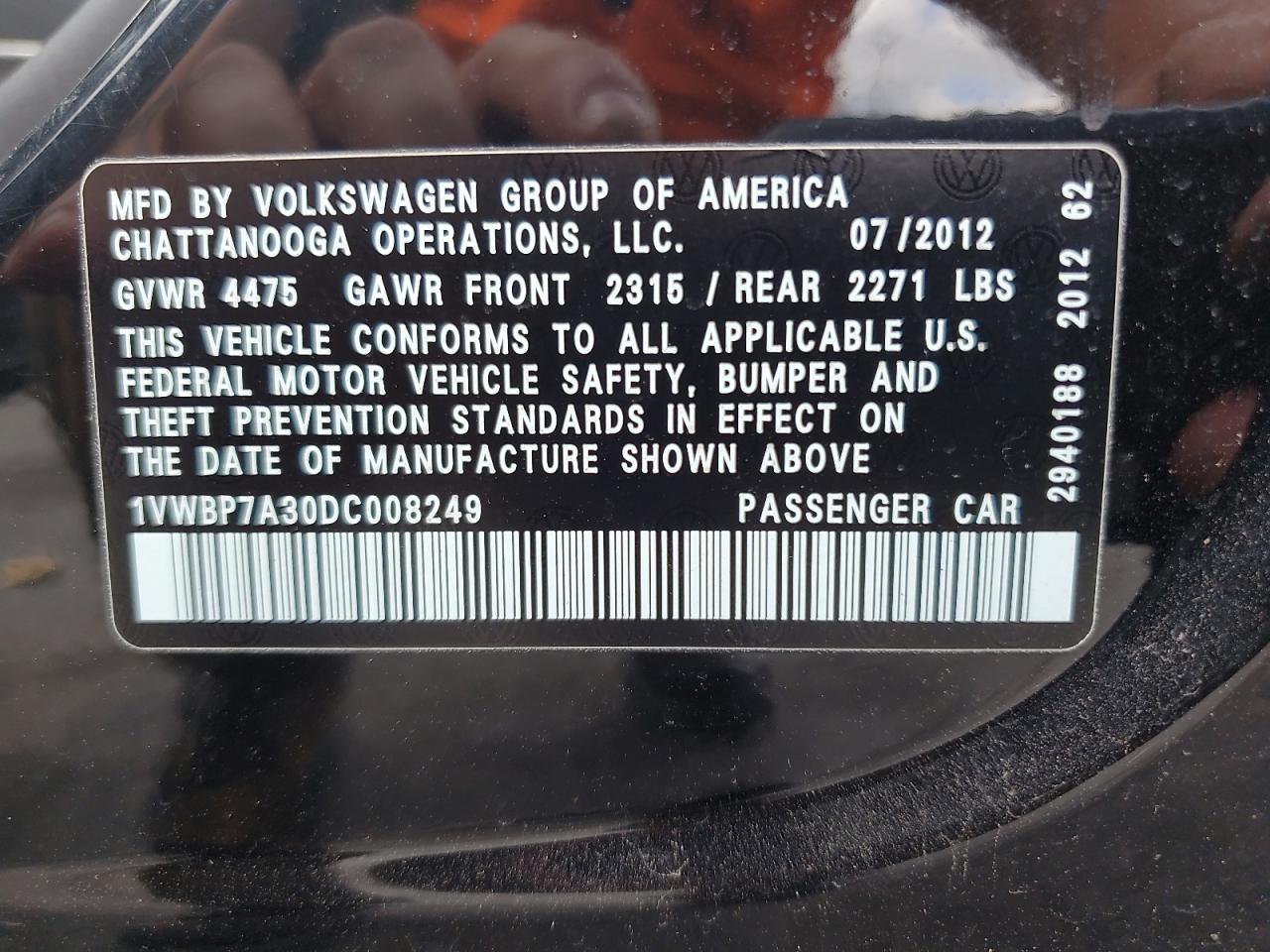 2013 Volkswagen Passat Se VIN: 1VWBP7A30DC008249 Lot: 69852815