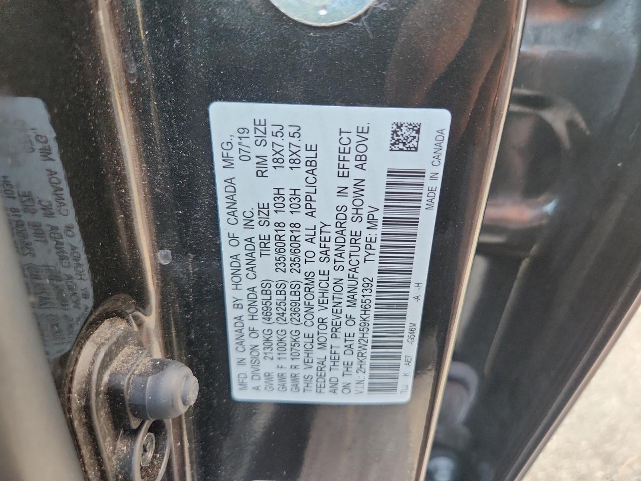 2019 Honda Cr-V Ex VIN: 2HKRW2H59KH651392 Lot: 67640565