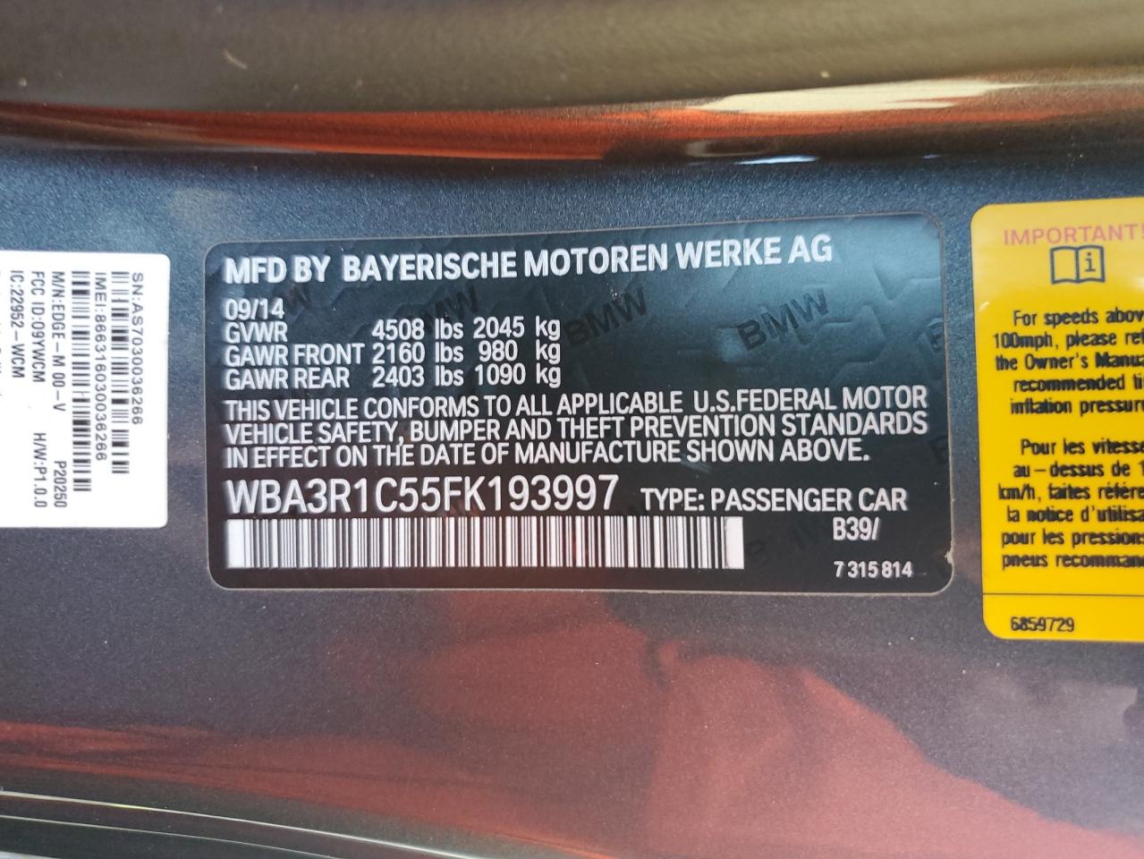 2015 BMW 435 I VIN: WBA3R1C55FK193997 Lot: 70538295