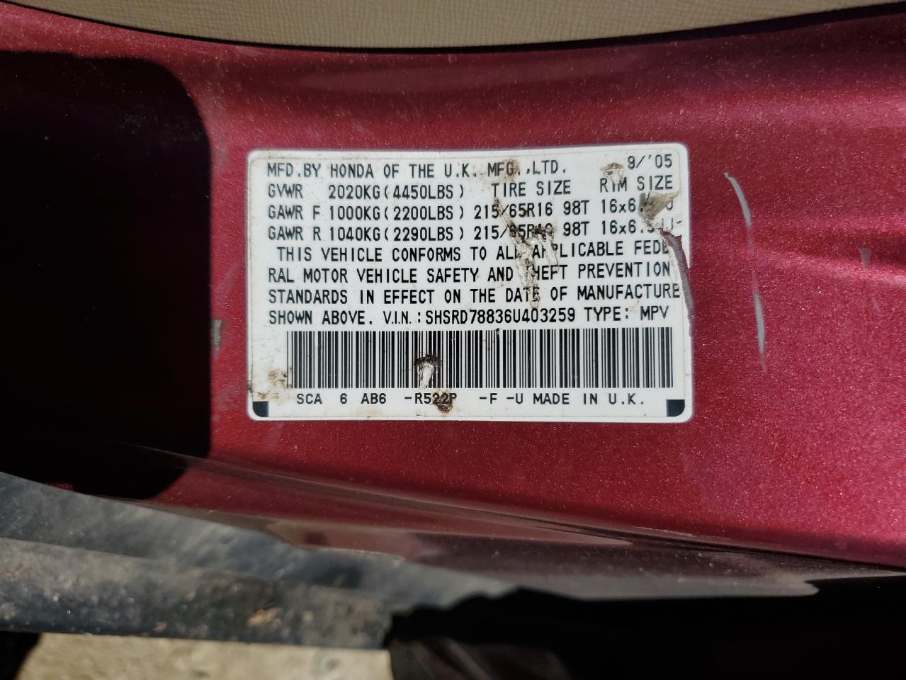 2006 Honda Cr-V Ex VIN: SHSRD78836U403259 Lot: 70301905