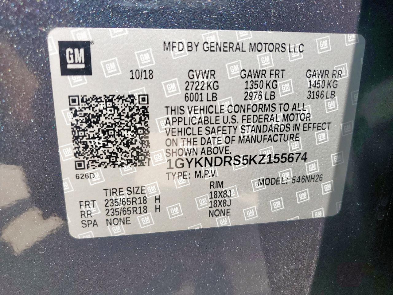 2019 Cadillac Xt5 Luxury VIN: 1GYKNDRS5KZ155674 Lot: 70840815