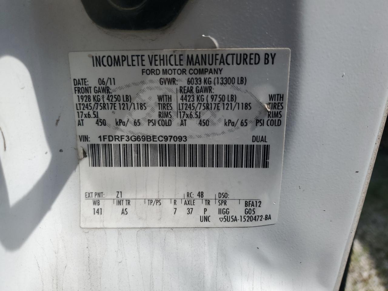 2011 Ford F350 Super Duty VIN: 1FDRF3G69BEC97093 Lot: 69141235