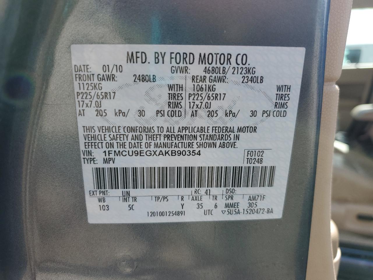 2010 Ford Escape Limited VIN: 1FMCU9EGXAKB90354 Lot: 67509185
