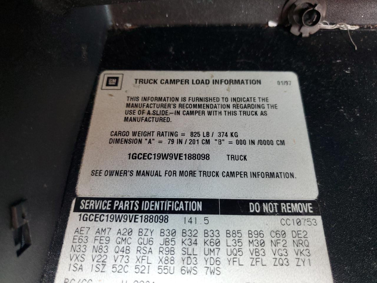 1997 Chevrolet Gmt-400 C1500 VIN: 1GCEC19W9VE188098 Lot: 69072895
