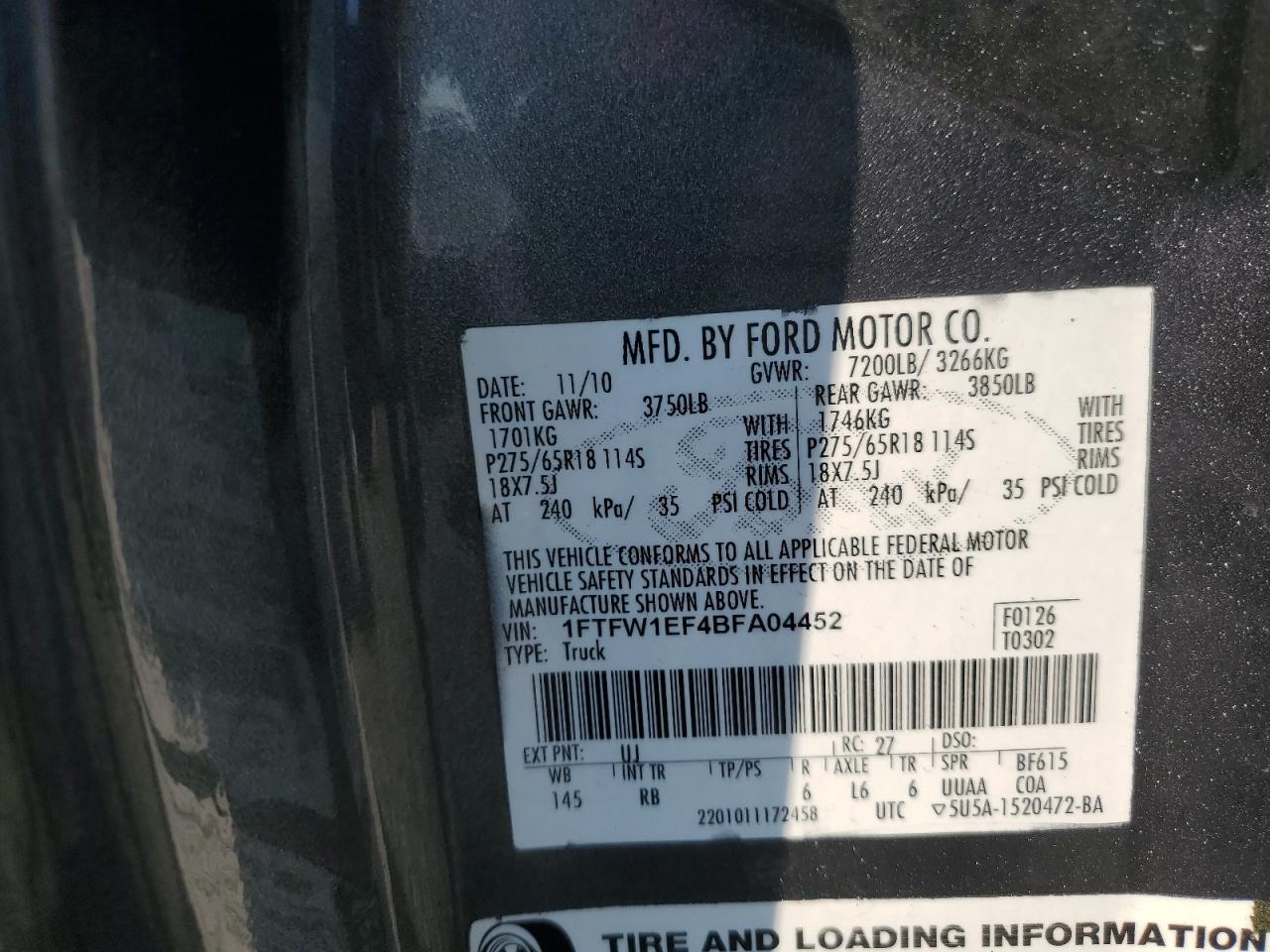 2011 Ford F150 Supercrew VIN: 1FTFW1EF4BFA04452 Lot: 69916025