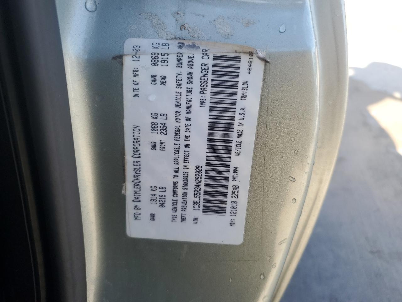 2004 Chrysler Sebring Lxi VIN: 1C3EL55R34N292029 Lot: 68961365