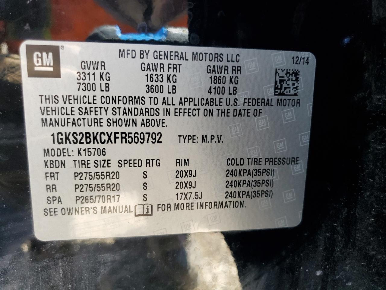 2015 GMC Yukon Slt VIN: 1GKS2BKCXFR569792 Lot: 70467415