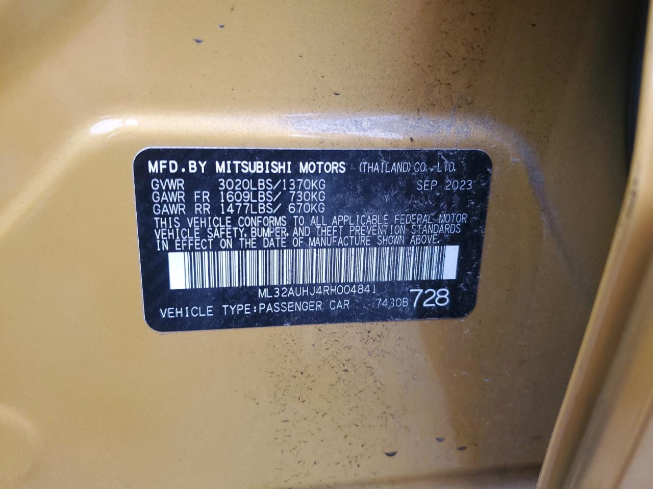 2024 Mitsubishi Mirage Es VIN: ML32AUHJ4RH004841 Lot: 69050865