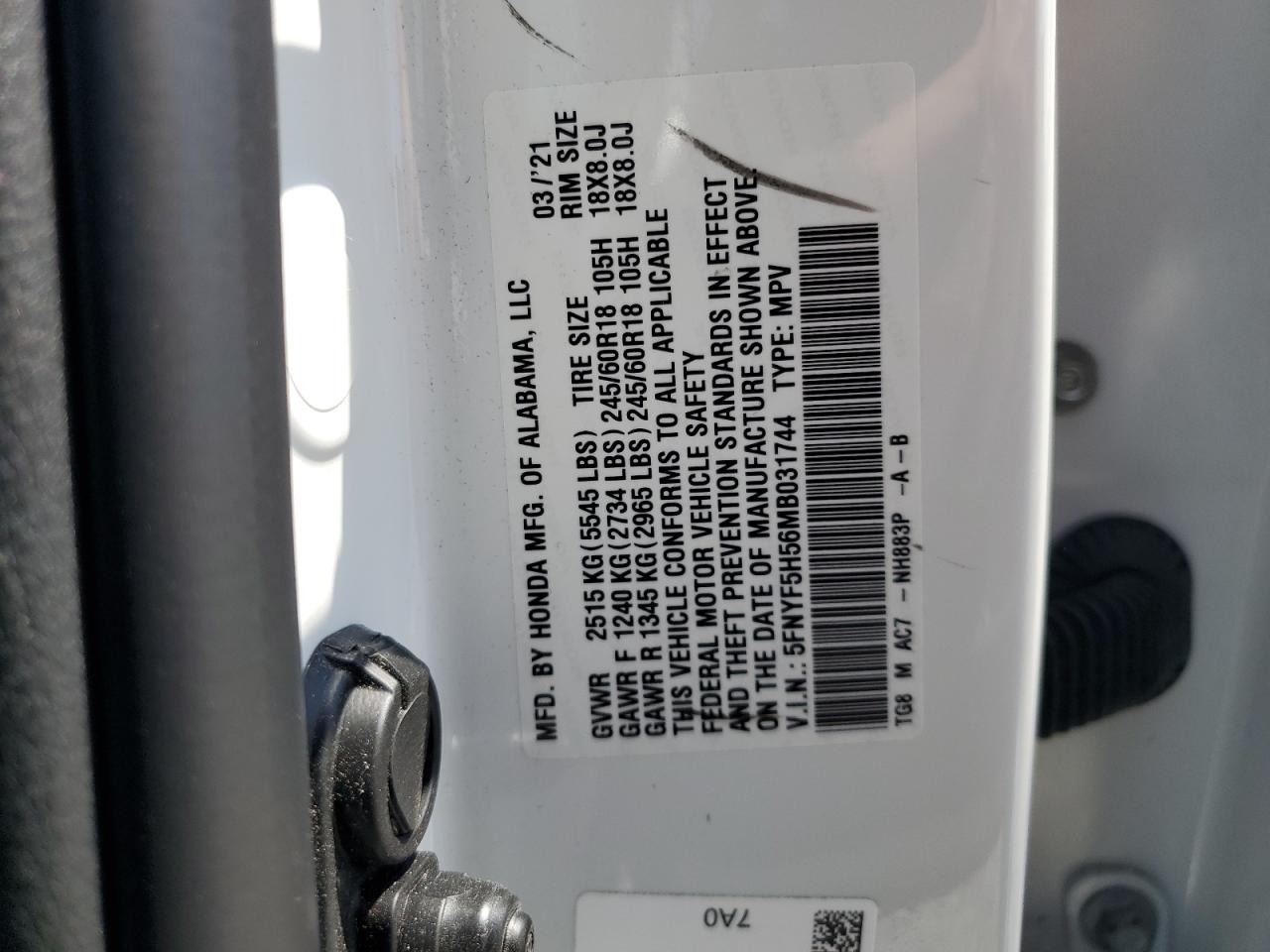 2021 Honda Pilot Exl VIN: 5FNYF5H56MB031744 Lot: 69214505