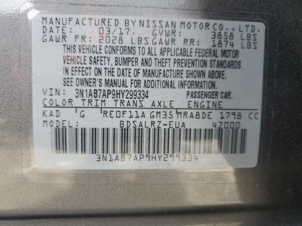 2017 Nissan Sentra S VIN: 3N1AB7AP9HY299334 Lot: 70849705