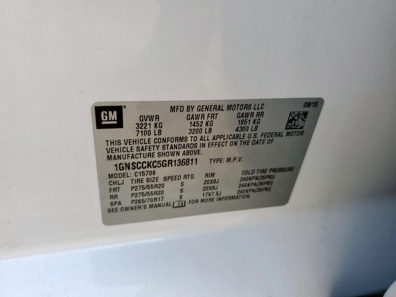 2016 Chevrolet Tahoe C1500 Ltz VIN: 1GNSCCKC5GR136811 Lot: 70662485