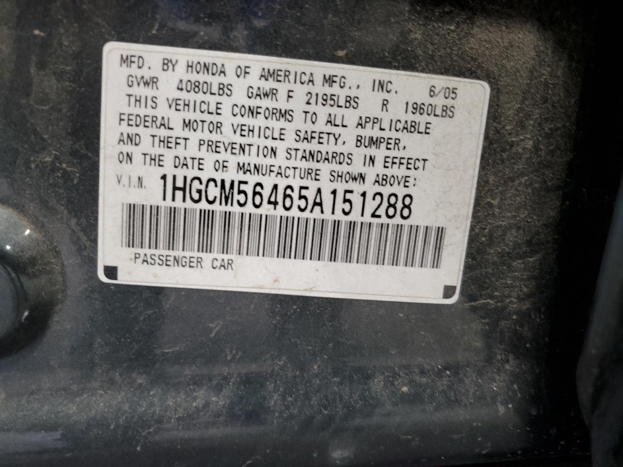 2005 Honda Accord Lx VIN: 1HGCM56465A151288 Lot: 69726575