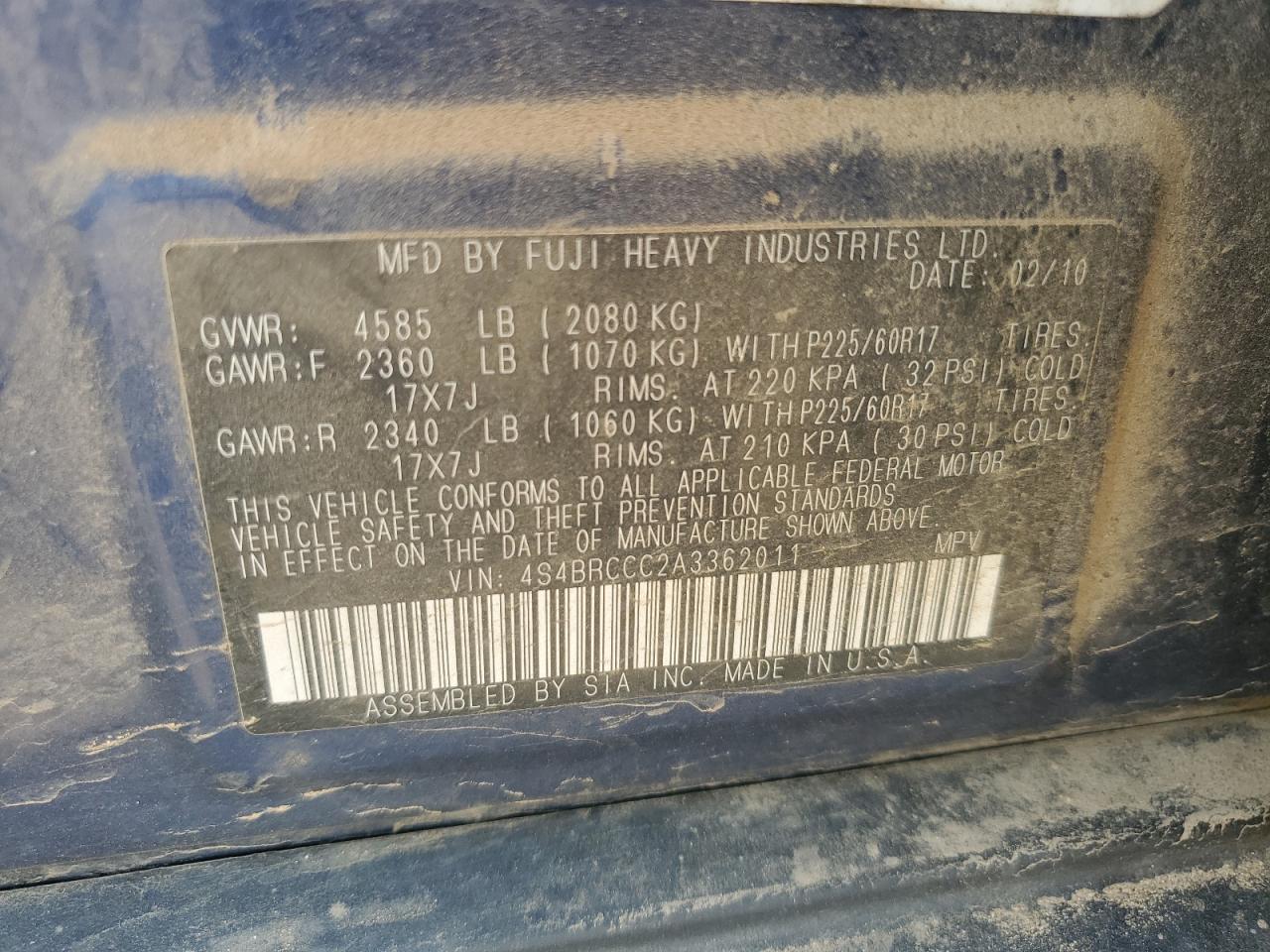 2010 Subaru Outback 2.5I Premium VIN: 4S4BRCCC2A3362011 Lot: 67827115