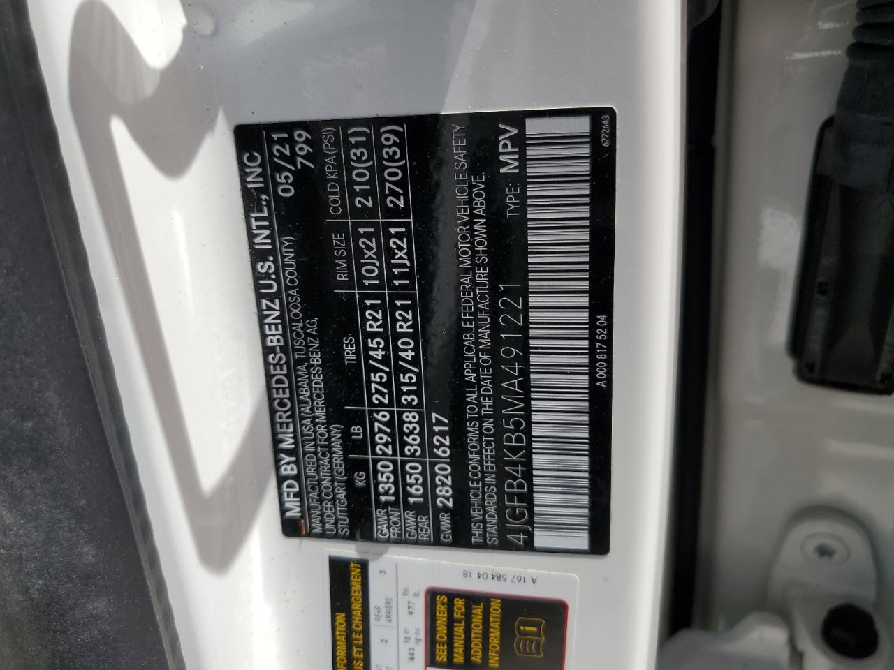 2021 Mercedes-Benz Gle 350 4Matic VIN: 4JGFB4KB5MA491221 Lot: 70702135