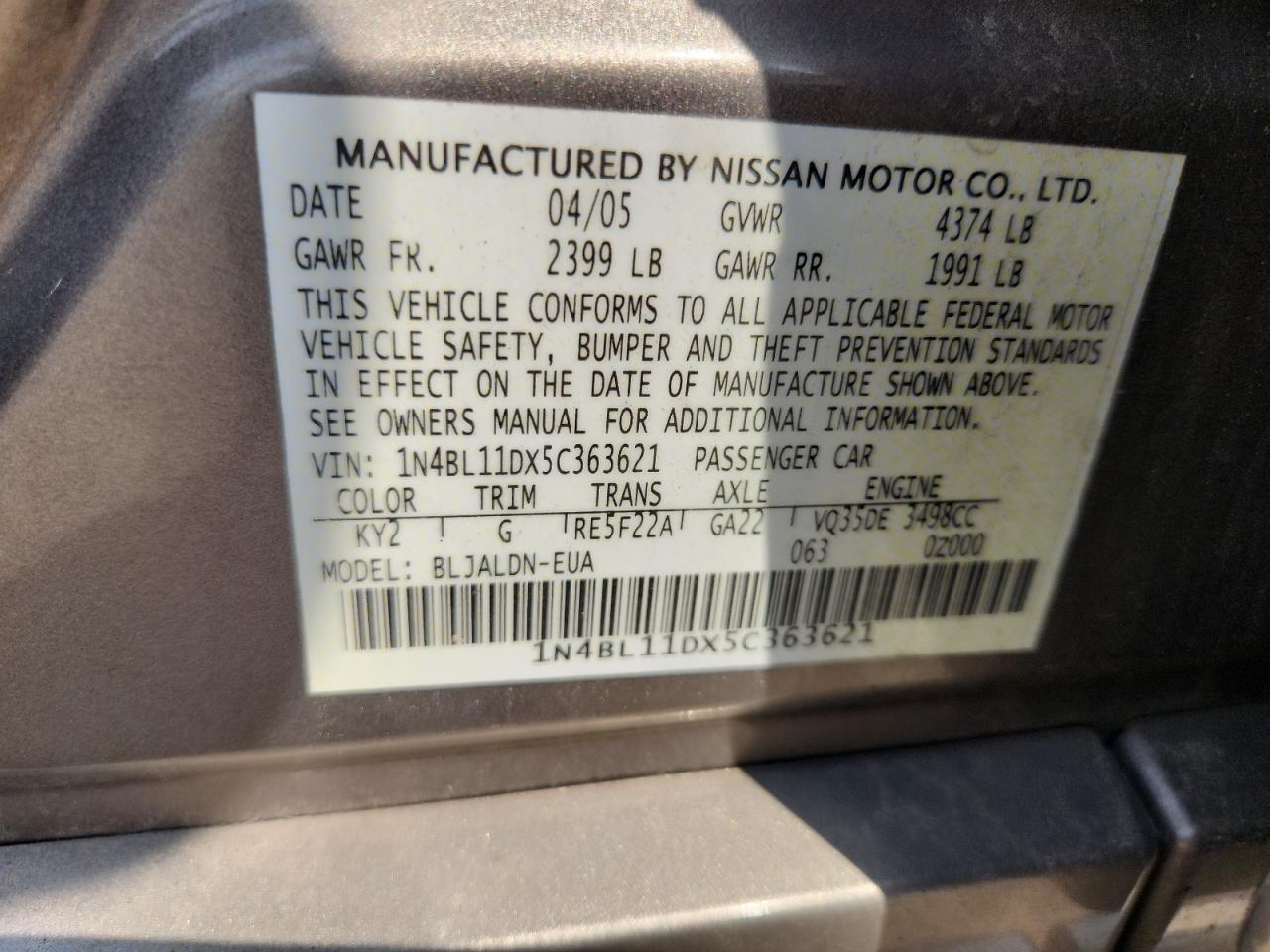 2005 Nissan Altima Se VIN: 1N4BL11DX5C363621 Lot: 70572785