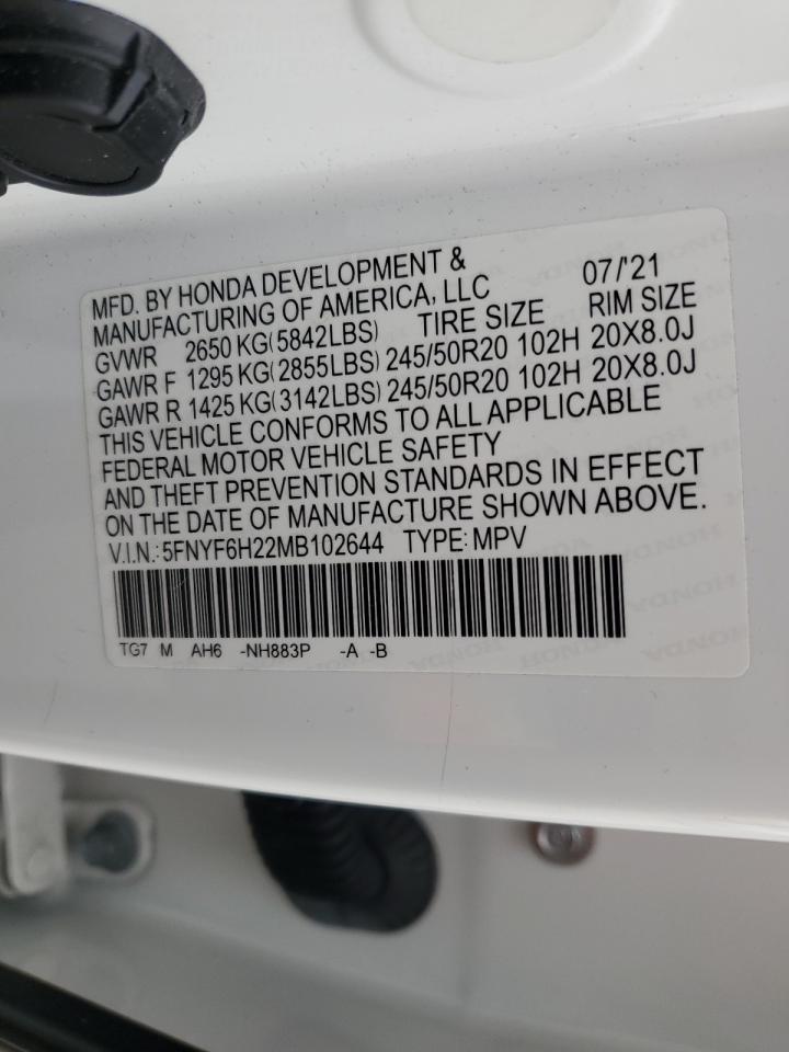 2021 Honda Pilot Se VIN: 5FNYF6H22MB102644 Lot: 68313145