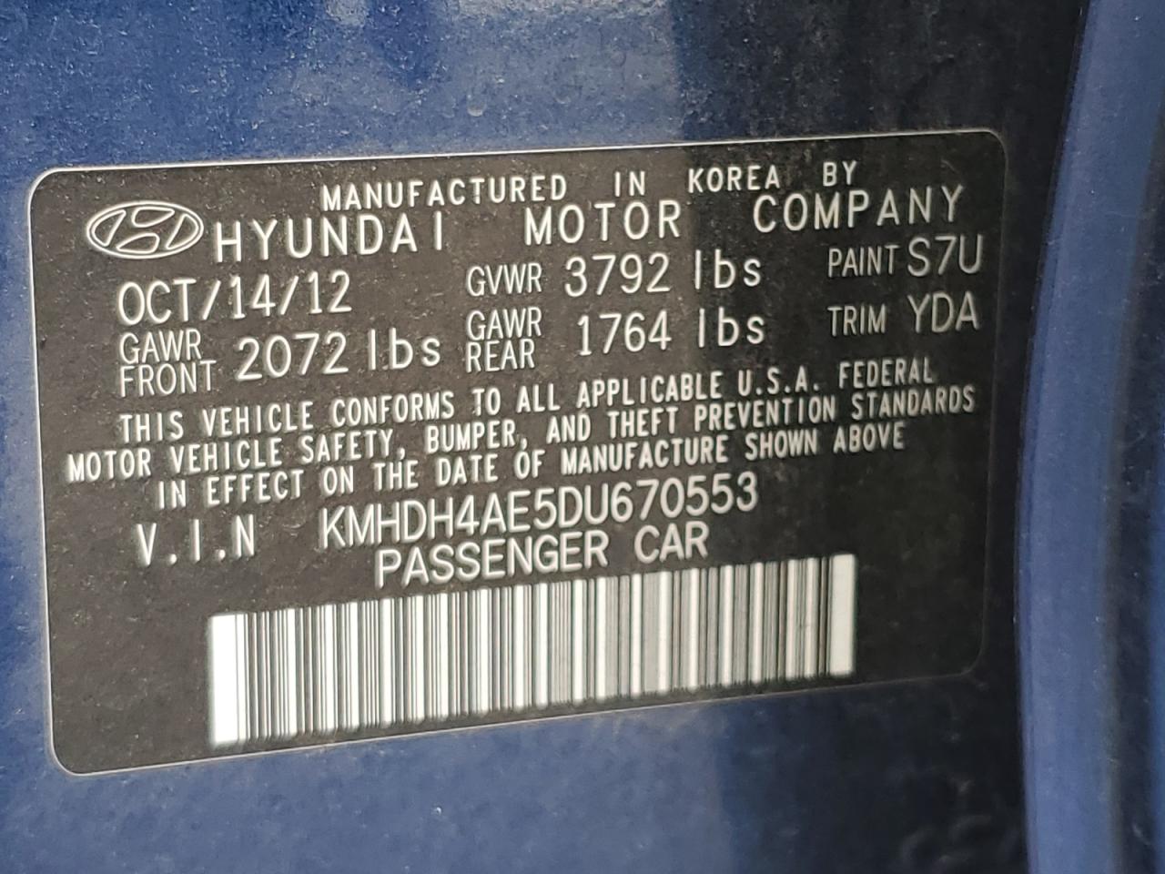 2013 Hyundai Elantra Gls VIN: KMHDH4AE5DU670553 Lot: 68512665