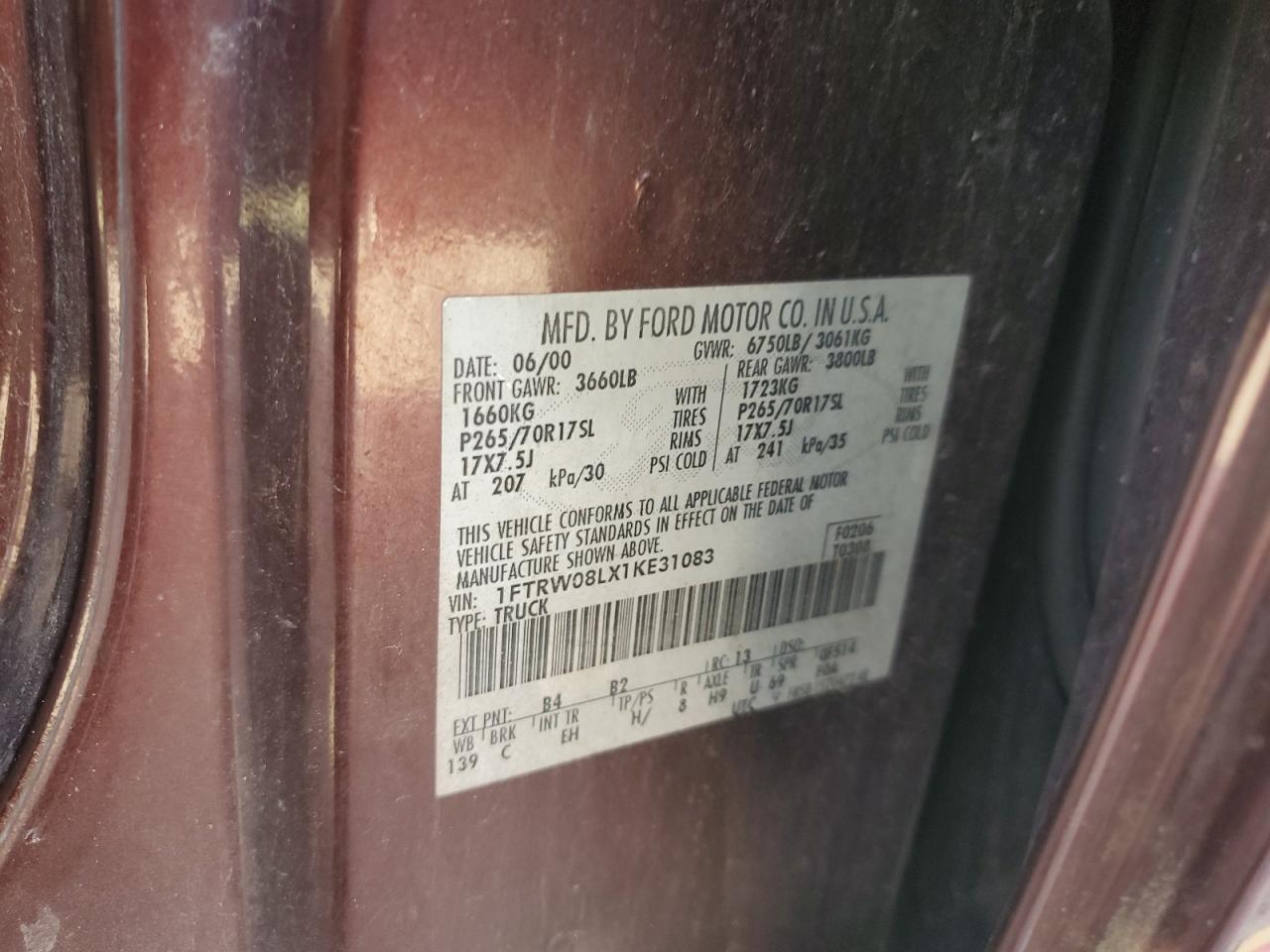 2001 Ford F150 Supercrew VIN: 1FTRW08LX1KE31083 Lot: 70751095