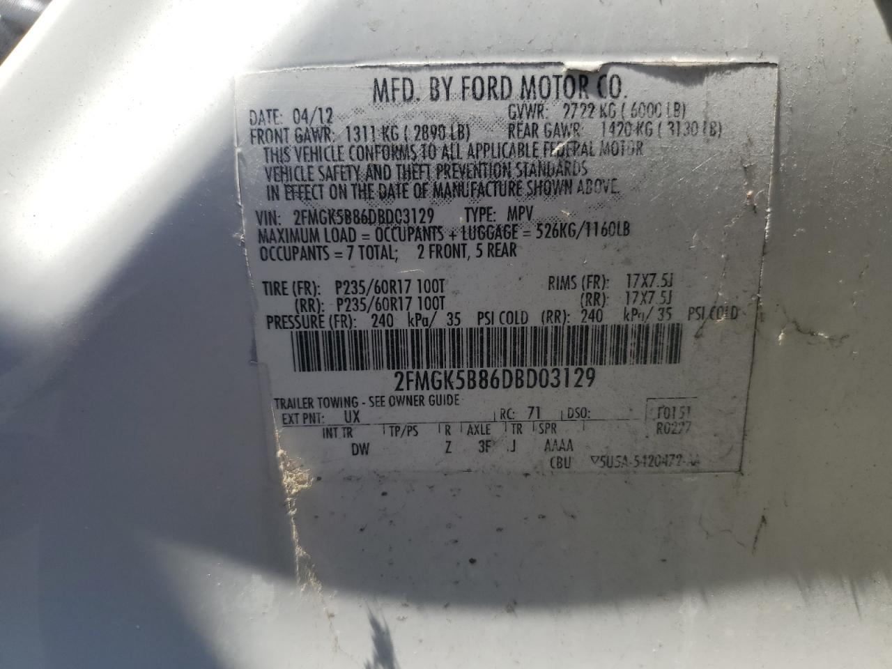 2013 Ford Flex Se VIN: 2FMGK5B86DBD03129 Lot: 71148565