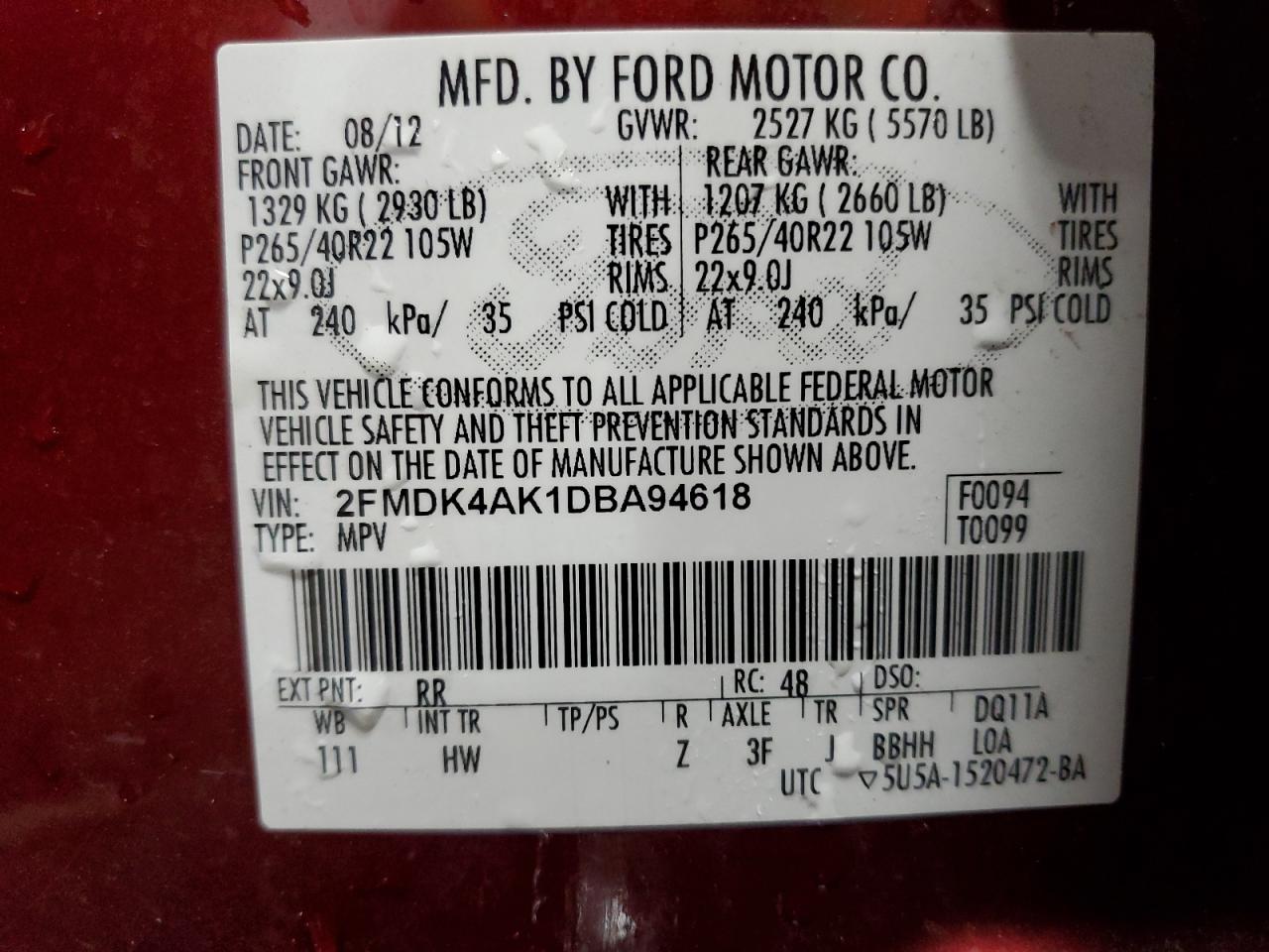 2013 Ford Edge Sport VIN: 2FMDK4AK1DBA94618 Lot: 67440945