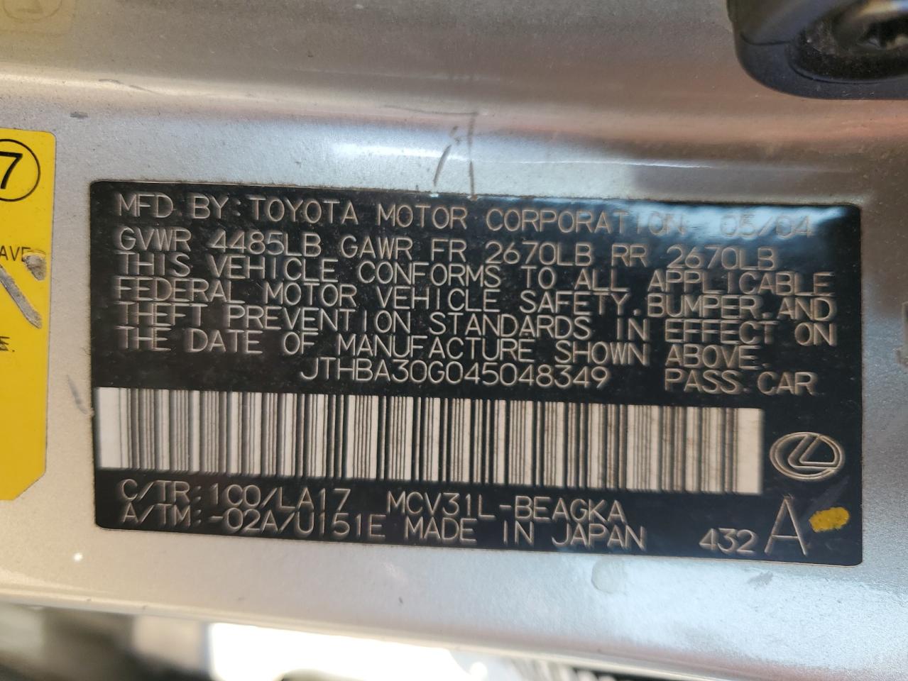 2004 Lexus Es 330 VIN: JTHBA30G045048349 Lot: 70201935