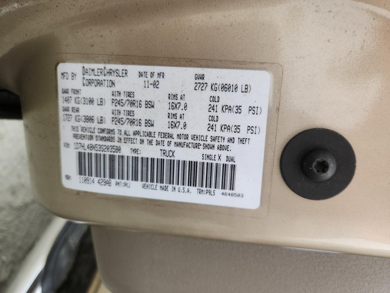 2003 Dodge Dakota Quad Slt VIN: 1D7HL48N53S203580 Lot: 70700295
