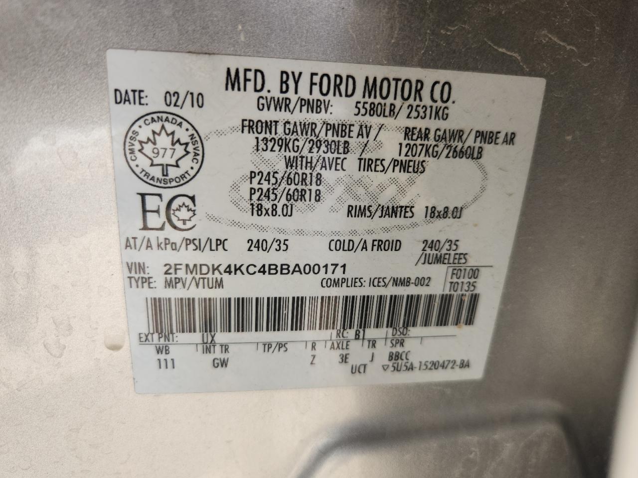 2011 Ford Edge Limited VIN: 2FMDK4KC4BBA00171 Lot: 69215985