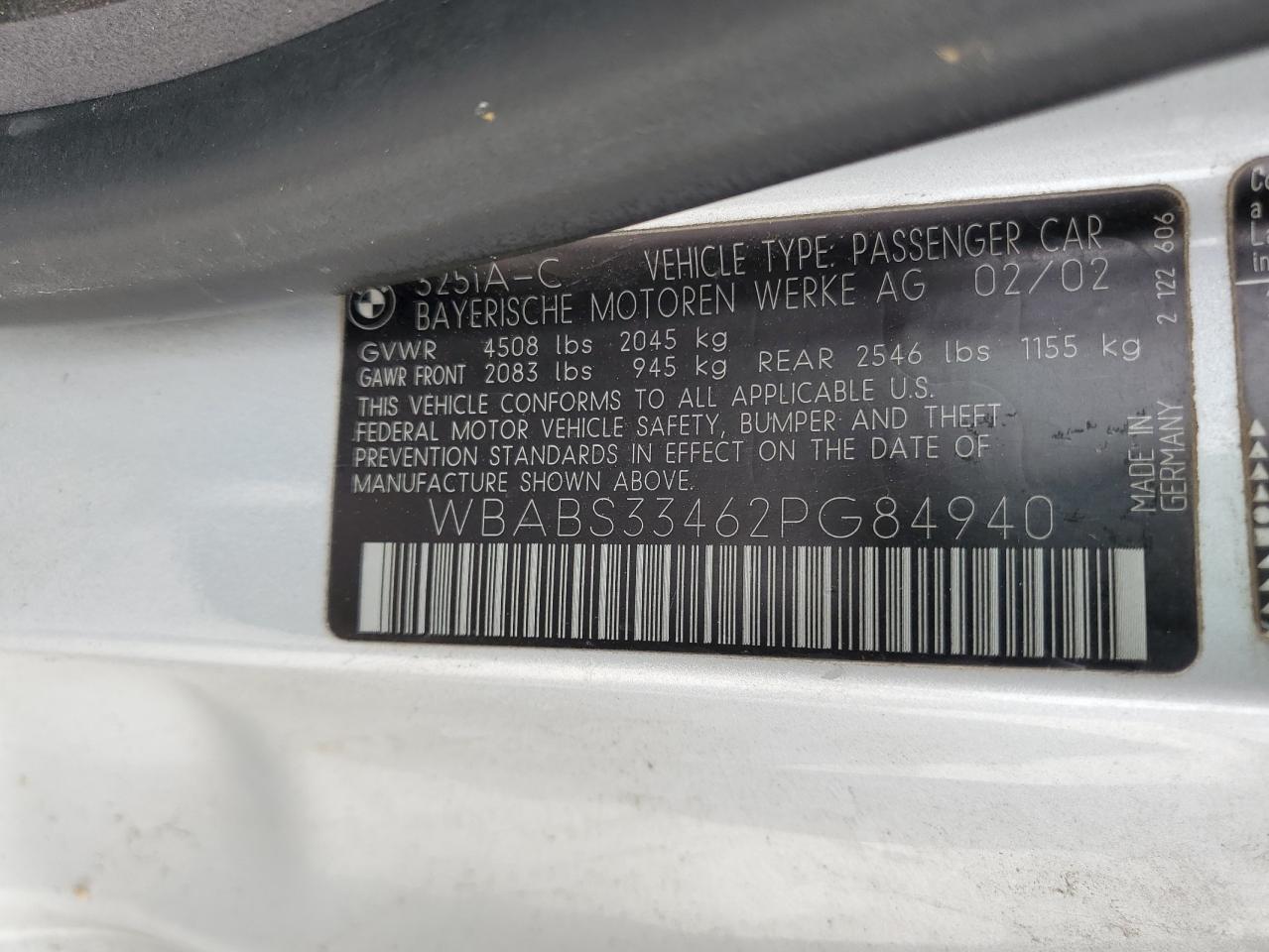 2002 BMW 325 Ci VIN: WBABS33462PG84940 Lot: 70337105