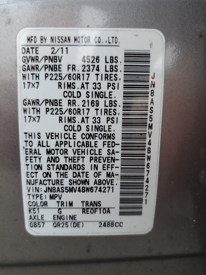 2011 Nissan Rogue S VIN: JN8AS5MV4BW674271 Lot: 67542475