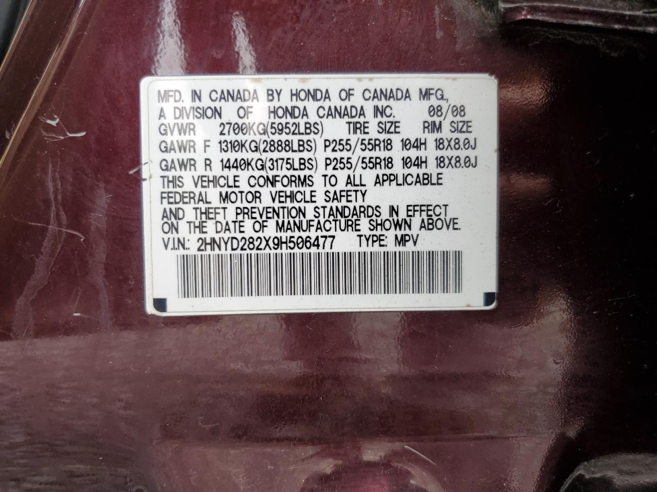 2009 Acura Mdx VIN: 2HNYD282X9H506477 Lot: 69359365