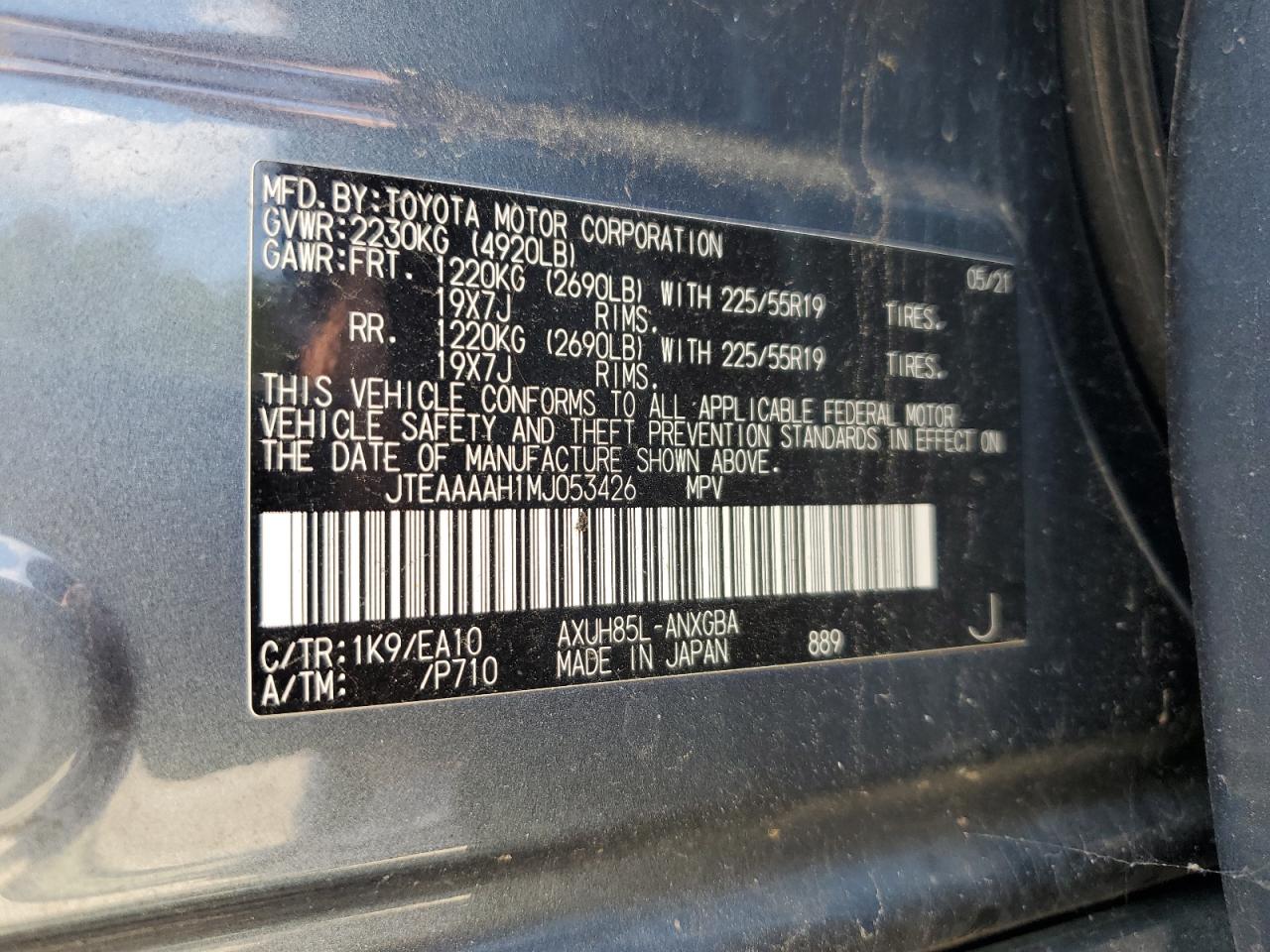 2021 Toyota Venza Le VIN: JTEAAAAH1MJ053426 Lot: 68704645