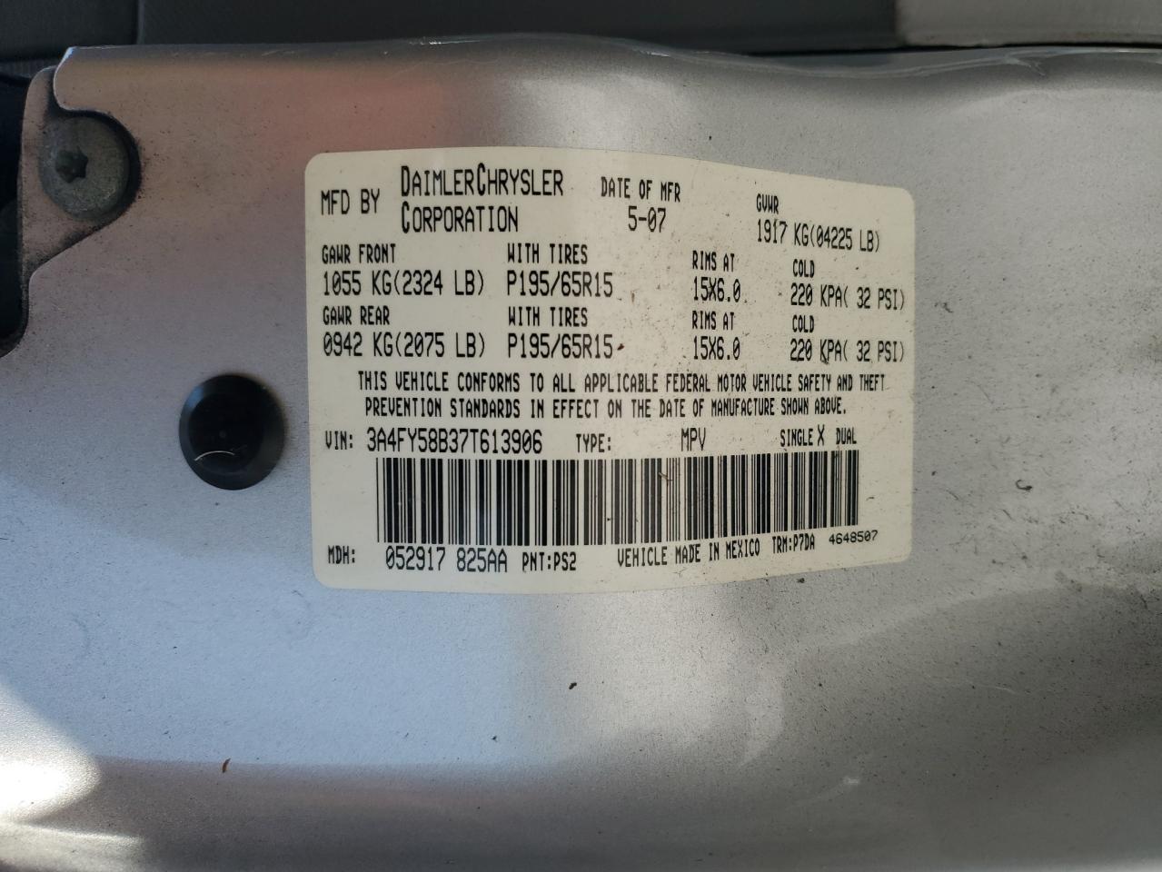 2007 Chrysler Pt Cruiser Touring VIN: 3A4FY58B37T613906 Lot: 67282925