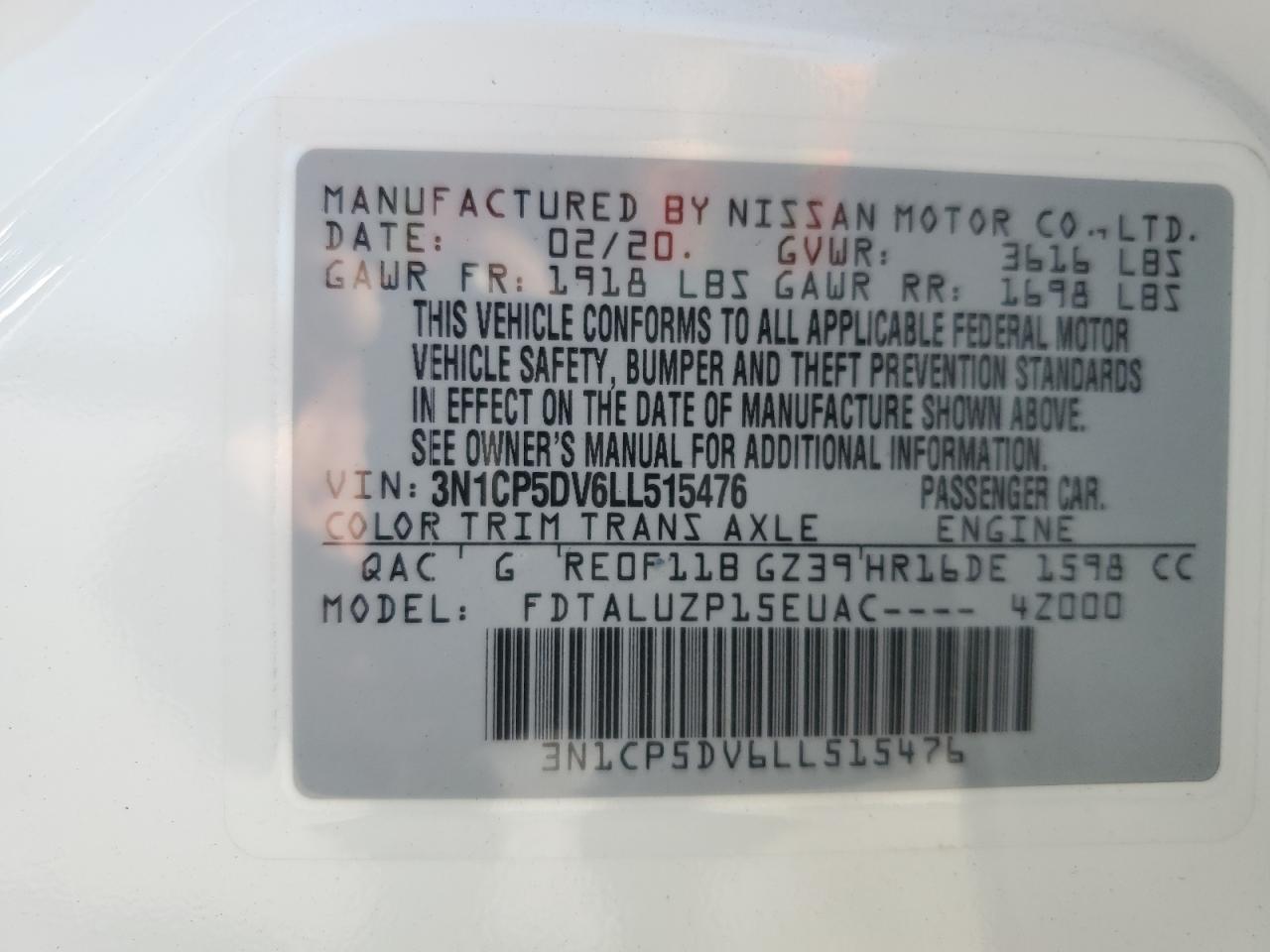 2020 Nissan Kicks Sr VIN: 3N1CP5DV6LL515476 Lot: 68940345