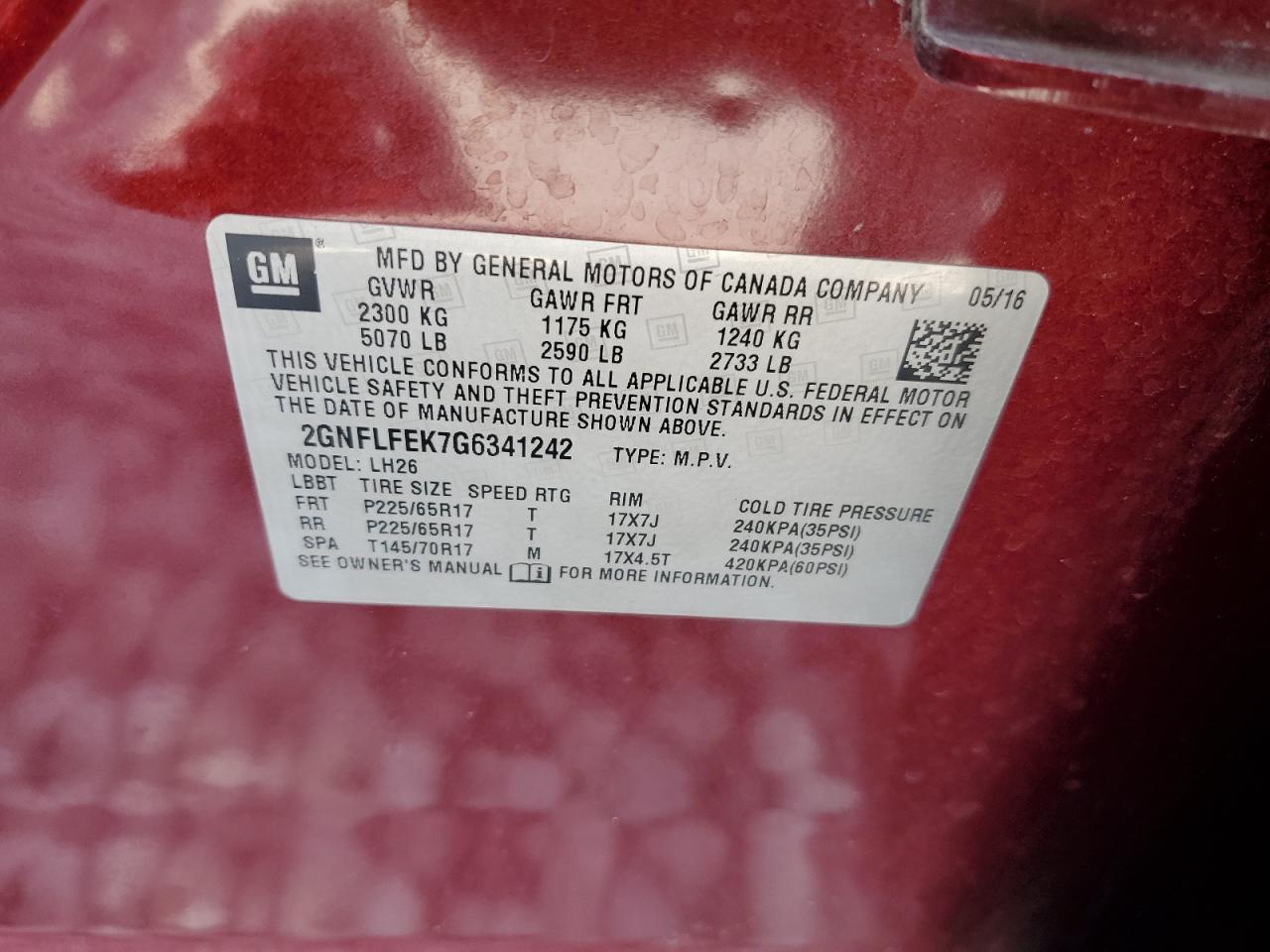 2016 Chevrolet Equinox Lt VIN: 2GNFLFEK7G6341242 Lot: 67326145