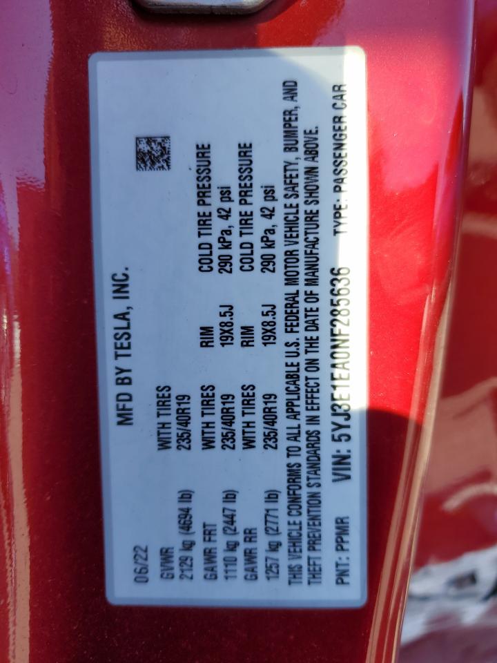 2022 Tesla Model 3 VIN: 5YJ3E1EA0NF285636 Lot: 84278925
