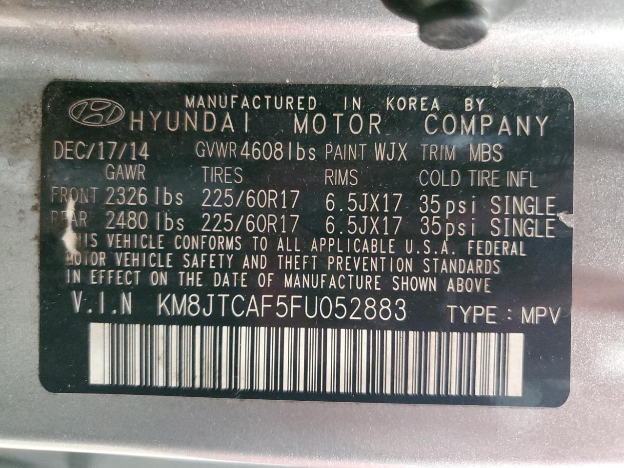 KM8JTCAF5FU052883 2015 Hyundai Tucson Gls