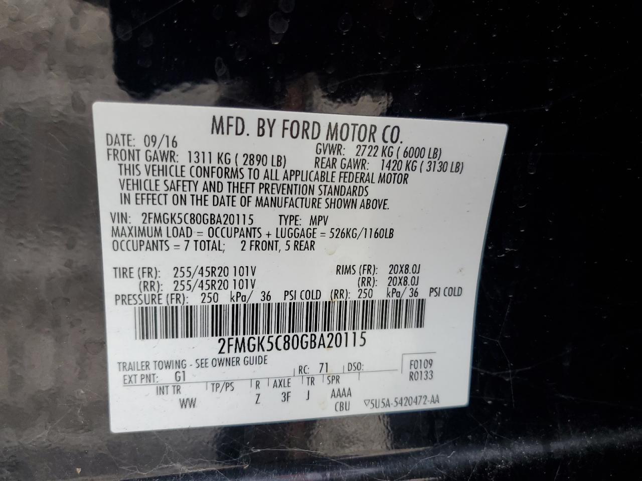 2016 Ford Flex Sel VIN: 2FMGK5C80GBA20115 Lot: 70507025